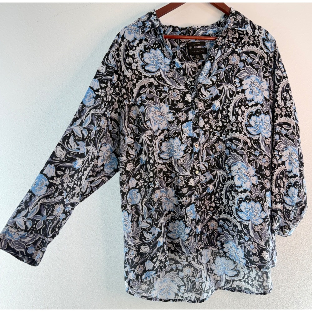 Tahari Black Blue Floral Linen Tunic Top Button Front Whimsigoth Fairy Grunge 1X